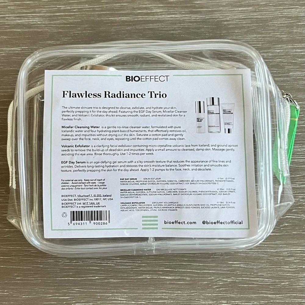 BIOEFFECT Flawless Radiance Trio Serum, Exfoliator, Cleansing Water Travel Size